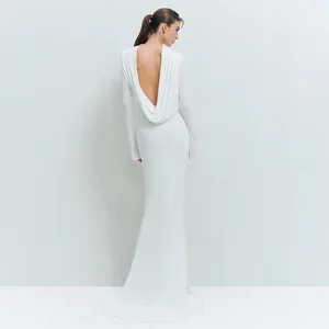 Evening Trendy Style White Open-back Draped Long-sleeve Mermaid Gown Fashion Sexy Garden Party Maxi Dress