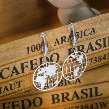 New Stainless Steel World Map Drop Earrings For Women Travel Gift Vintage Globetrotter Earth Handmade Earrings Jewelry