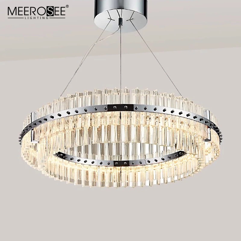 MEEROSEE Crystal Round Pendant Light Iron Frame Glass Light LED Circle Suspension Light MD86701