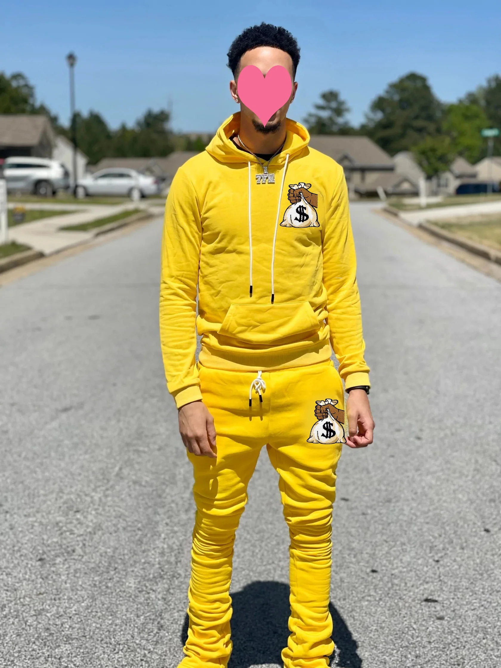 Ky New Design Embroidery Custom Flare Stacked Joggers Sweat Suits