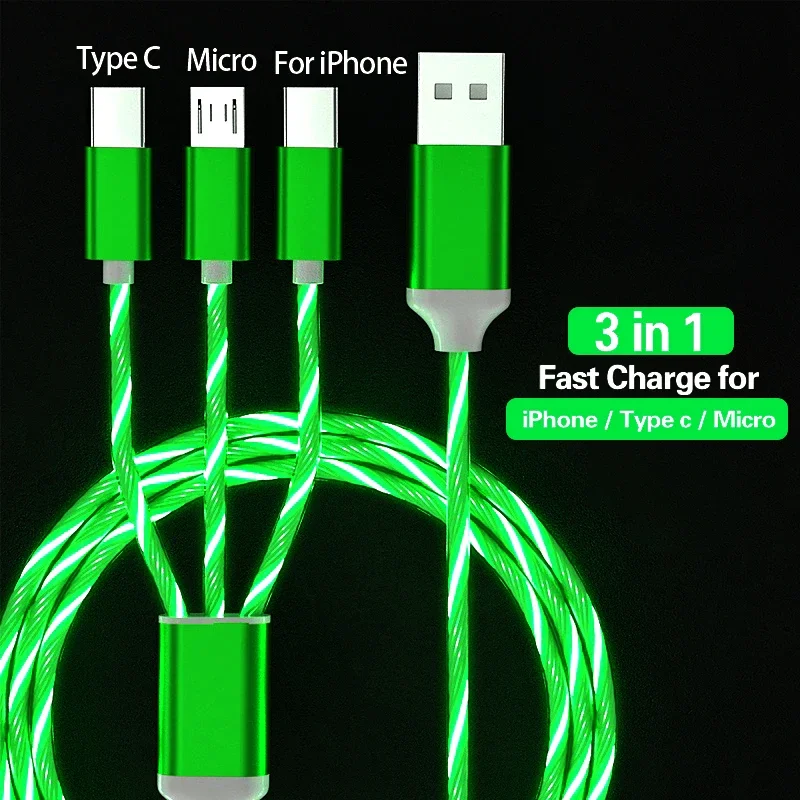 3 in 1 LED Phone Charger Cable TPE USB Type C Micro USB Glowing Charging Cord for Smartphone Tablet