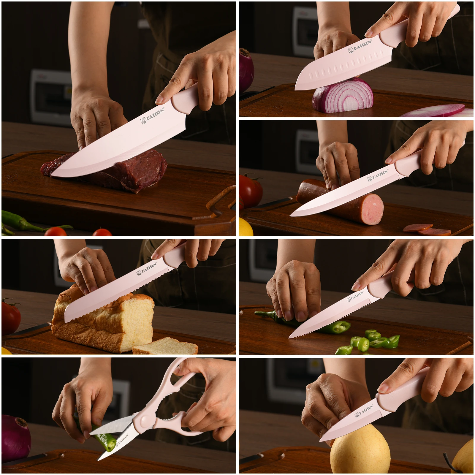 Set di 7 coltelli da cucina in acciaio al carbonio con codifica rosa, con forbici e foderi_voghion.com