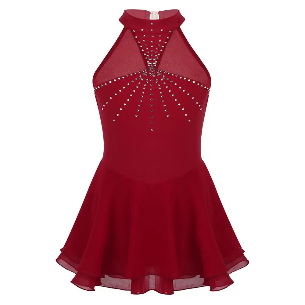 Kids Girls Figure Ice Skating Dress - Halter Neck Rhinestone Tutu Skirted Ballet Dance Leotard, Sleeveless Navy Blue Size 12