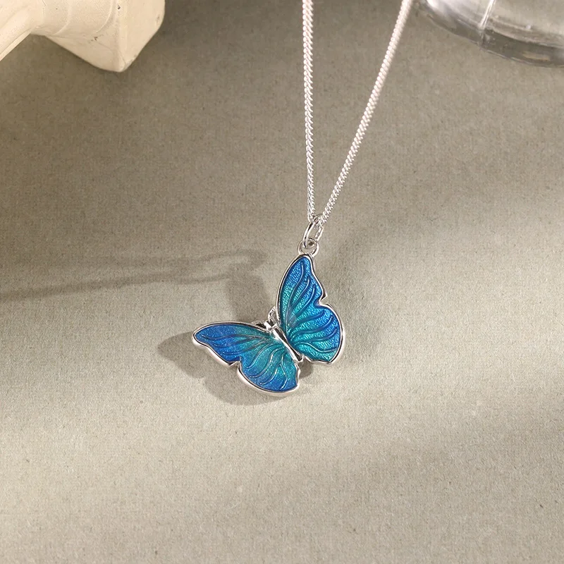 Europe Hot Sale New Design Butterfly Choker Necklace S925 Sterling Silver  Blue Oil Drop Butterfly Pendant Necklace Jewelry
