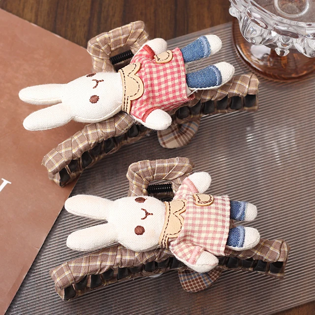 Korean Version New Premium Rabbit Bow Hair Claws Fashionable Checkered Fabric Claw Clip Elegant High-Quality and Cute Shark Clip
