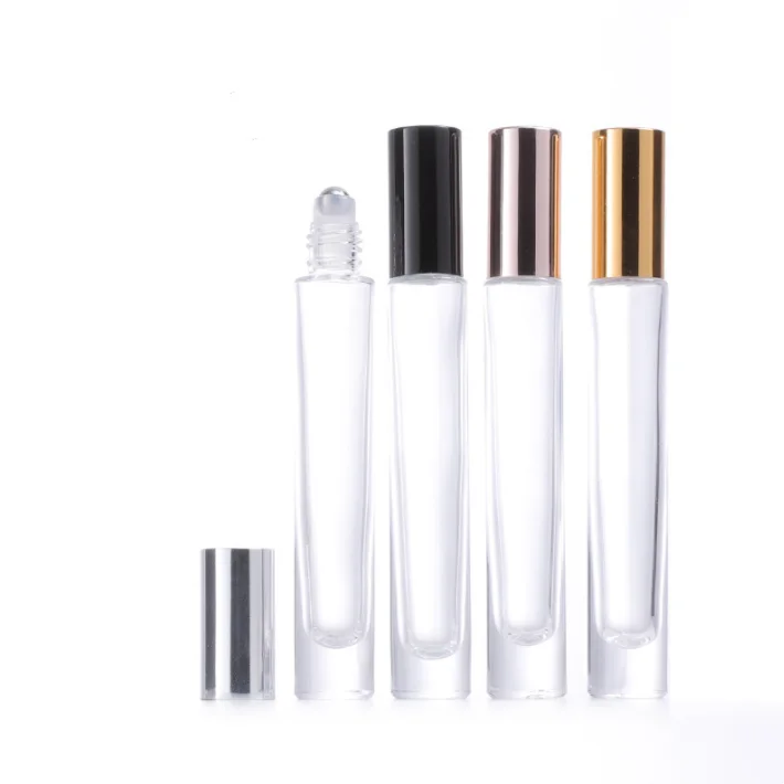 10ml Empty Refill Round Rectangle Gold Silver Black Aluminum Long Cap Perfume Essential Oil Glass Roller Roll on Bottle