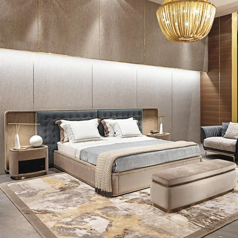 Contemporary Wood Frame Double King Size Leather Luxury Bed Home Suite Modern Wooden Queen Full Bedroom Furniture Set