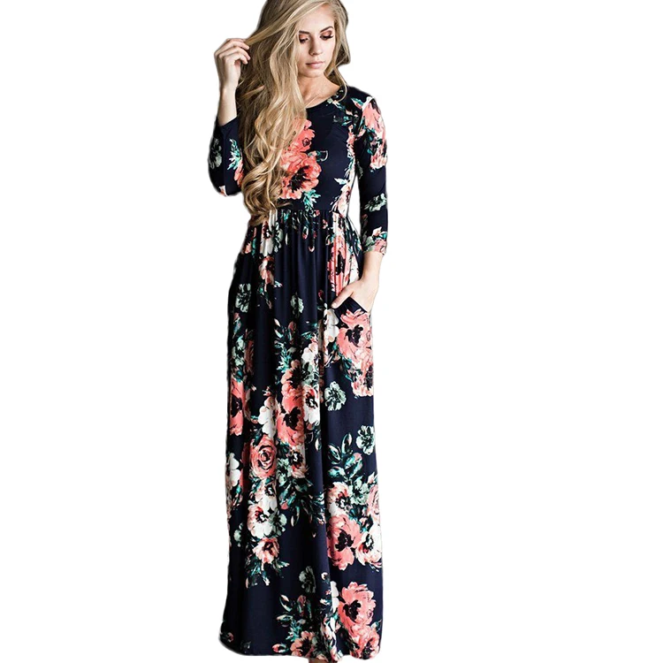 Women's Long Sleeve Floral Dress Loose Plain Maxi Dress Casual Long Dresses  with Pockets| Alibaba.com