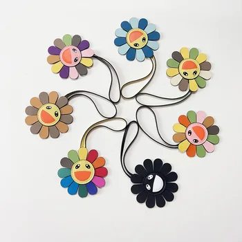 Rainbow for Smiley Sunflower Leather Key Chain New Cute Colorful Flowers Design Eco-Friendly Cowhide Bag Pendant for Cars