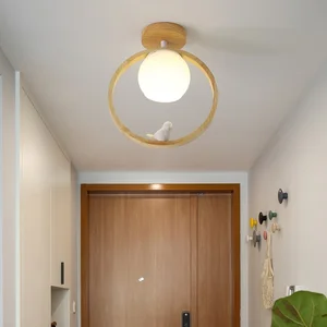 Modern Simple Nordic Style Flush Mount Ceiling Light E27 Glass Lamps with Wooden Base Round Fixture Bedroom Home Hallway