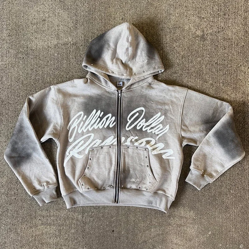 SALATI Manufacture Custom Casual Street Wear DTG Printed LOGO Vintage Wash Zip up Hoodie and Baggy Sweatpants Sets for Men gallery 4