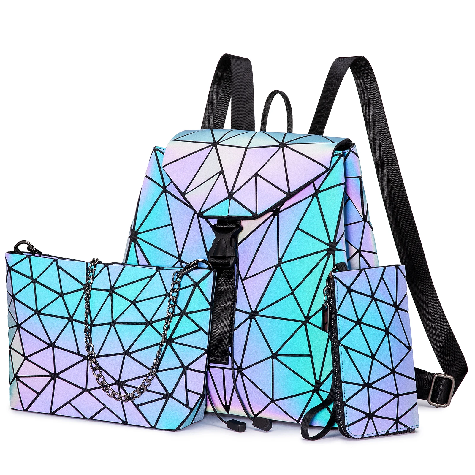 Geometric Luminous Purses and Handbags for Women Holographic Backpack Reflective Bag Wallet Clutch Set 