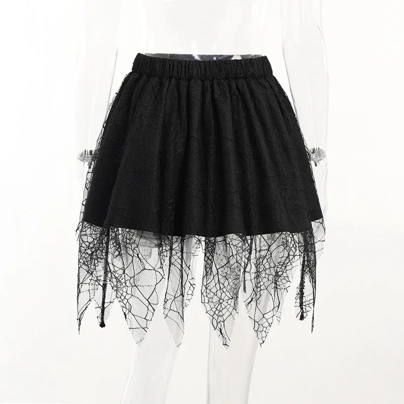 Punk Gothic Costume Skirt 2000s Aesthetic Grunge Lace Spider  High Waist Mini Skirts Y2k