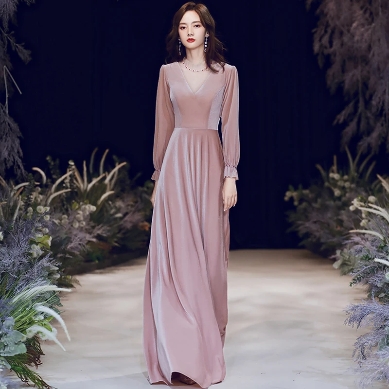 Nieuwe Vrouwen Lange Feestjurk Effen O-hals Avond Fluwelen Jurken