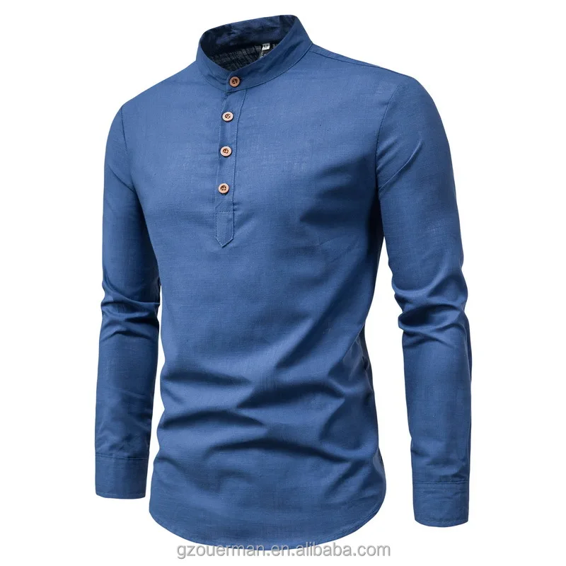 New Fashion Men Spring Cotton Linen Pure Color Button Mandarin Collar ...