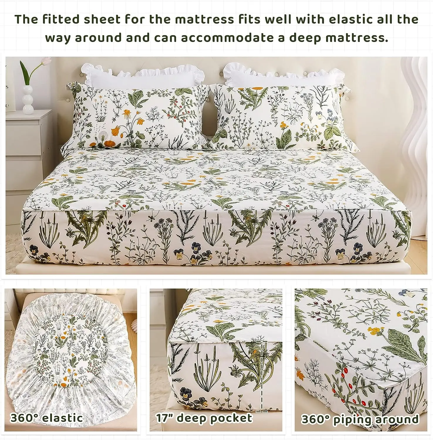 100% Cotton yellow Flowers & Sage Leave Plant Pattern Botanical Luxury Cotton Printed Flower King 4pcs Bedding Sheets supplier