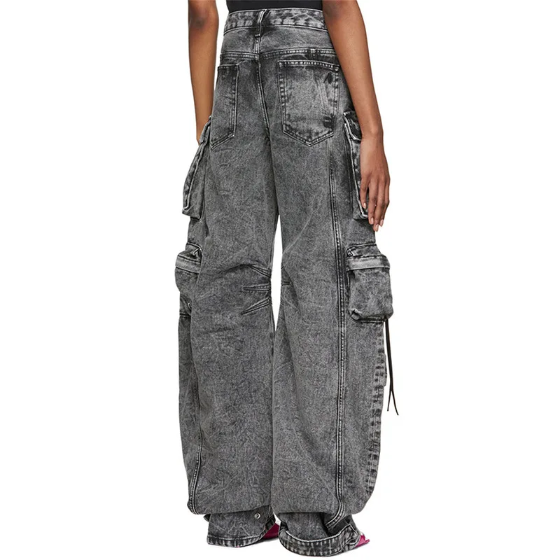 Bomblook C0904PT Fall Winter Washed Denim Wide Leg Jeans Cargo Jeans Women Denim Pants With Pockets Women