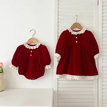 Autumn new baby girl lace collar red dress girls dress long sleeve baby rompers romper sisters outfit