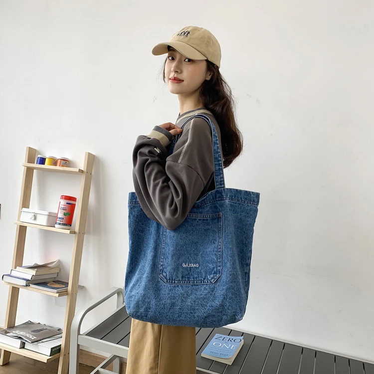 Wholesale Ladies Casual Large Denim Shopping Tote Bags Custom Women Denim Shopper Bags