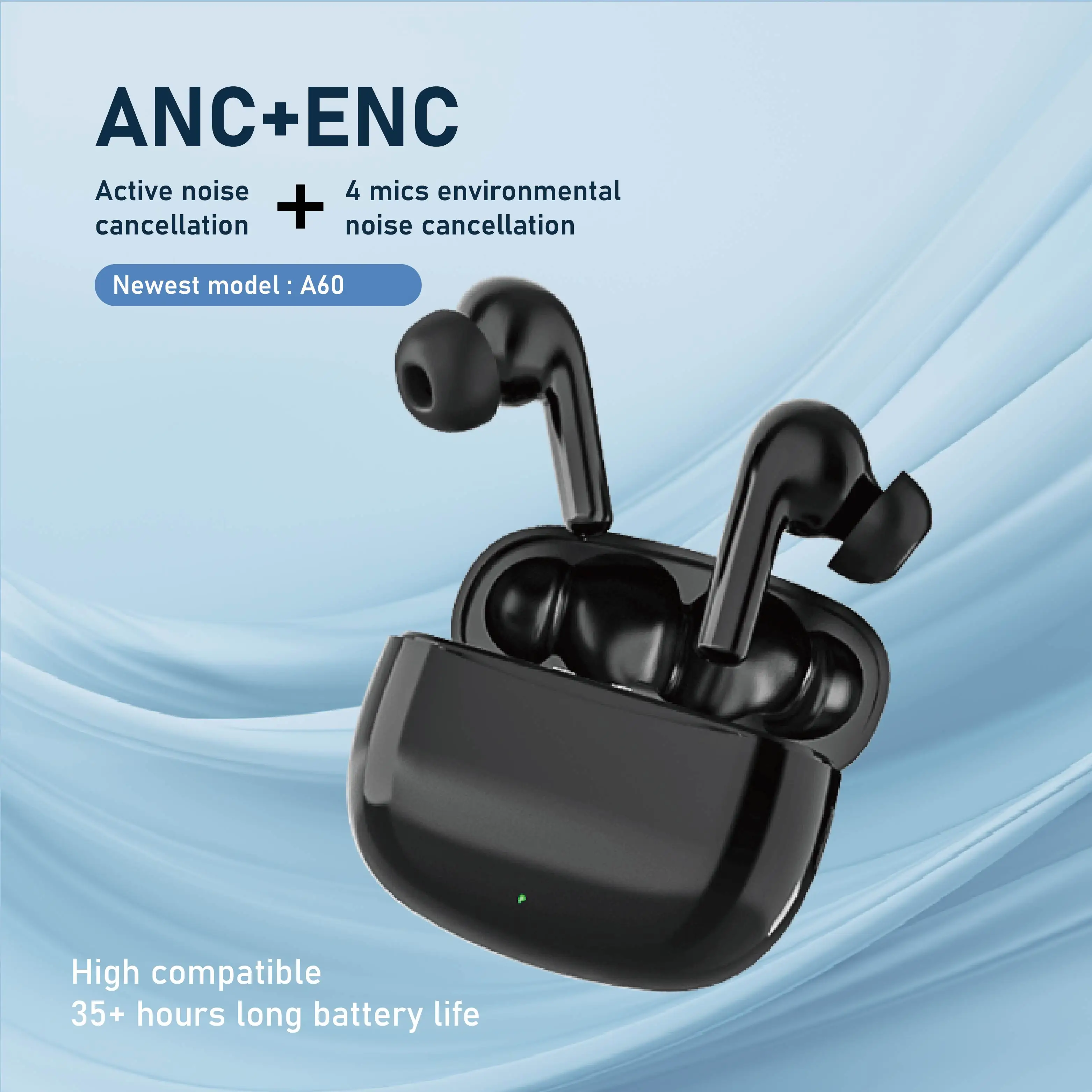 A60 ANC ENC Mini In-ear Noise Cancelling  Headset Long Battery Life Deep Bass Low Latency Quad Mics IPX5 TWS Wireless Earbuds