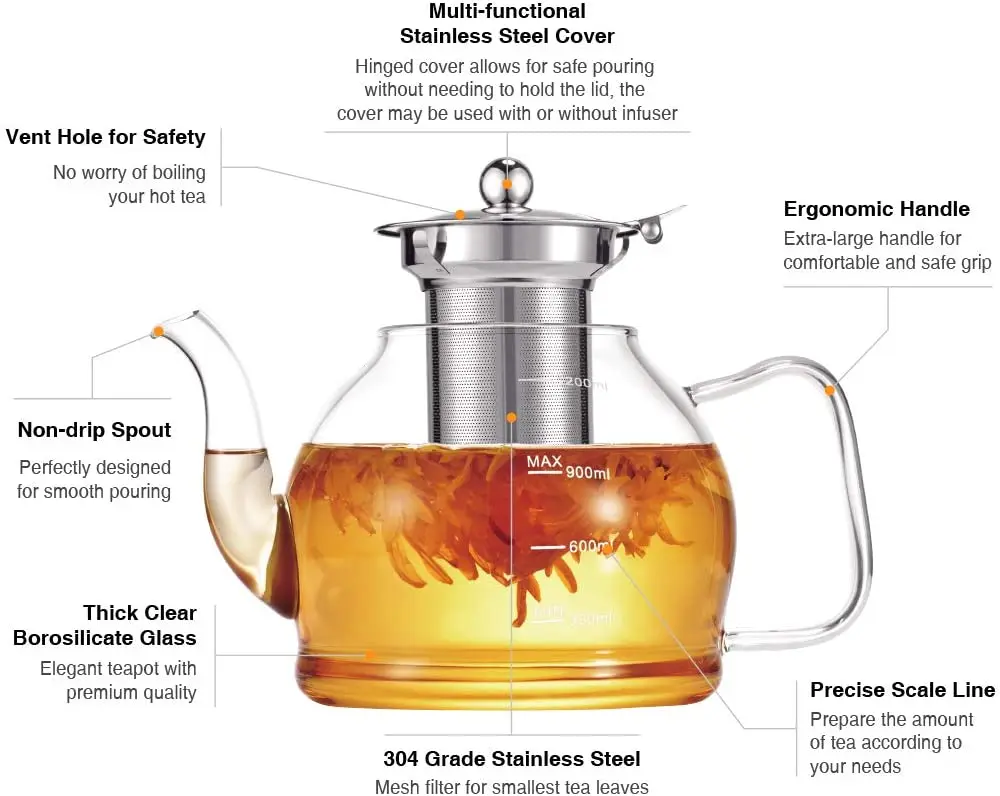 33 Oz Stovetop Safe Heatresistant Borosilicate Tea Pot With Removable