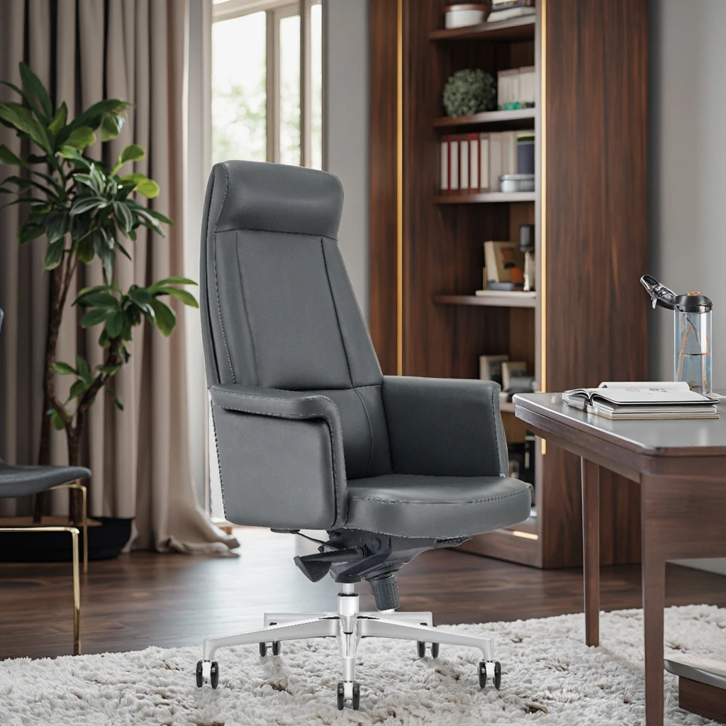 Top Grain Leather Executive Chair Frosted Alloy Base Quadruple Locking Mechanism High-End Decor 3