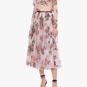 Factory New Arrival High Quality Custom 100% Polyester Longuette Tulle Flower Print Ruffle Midi Skirt