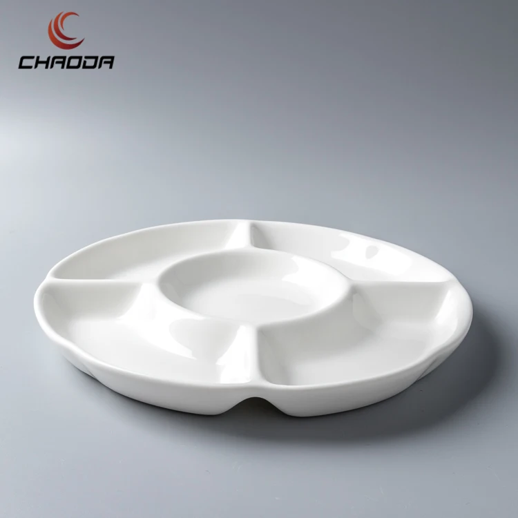 Chaoda Ceramic Divide Plates 5 Compartments Porcelain Snack Plate High Quality White Ceramic Dessert Nut Dishes for Hotel Home