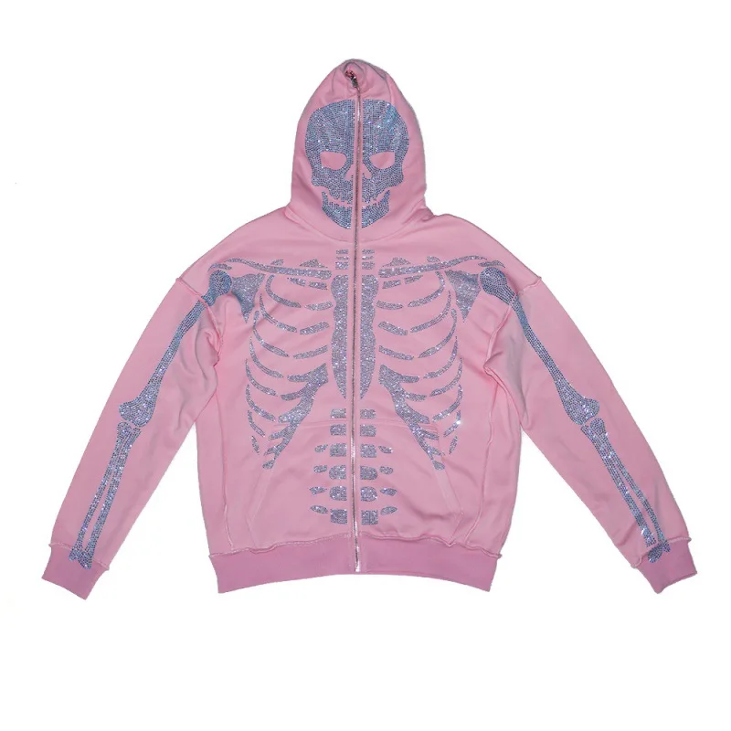 Fast Delivery Transfers Rhinestone Skeleton Custom Full Face Zip up Hoodie for Men