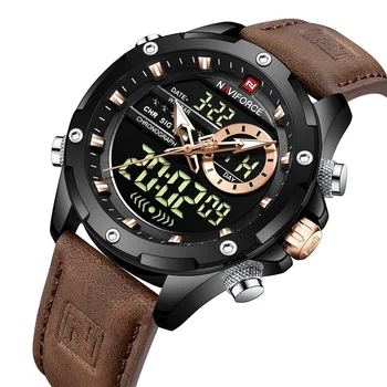 Relojes Hombre Naviforce Men's Sports Watches Multifunctional Date Analog Digital Dual Time Leather Strap Waterproof NF9208