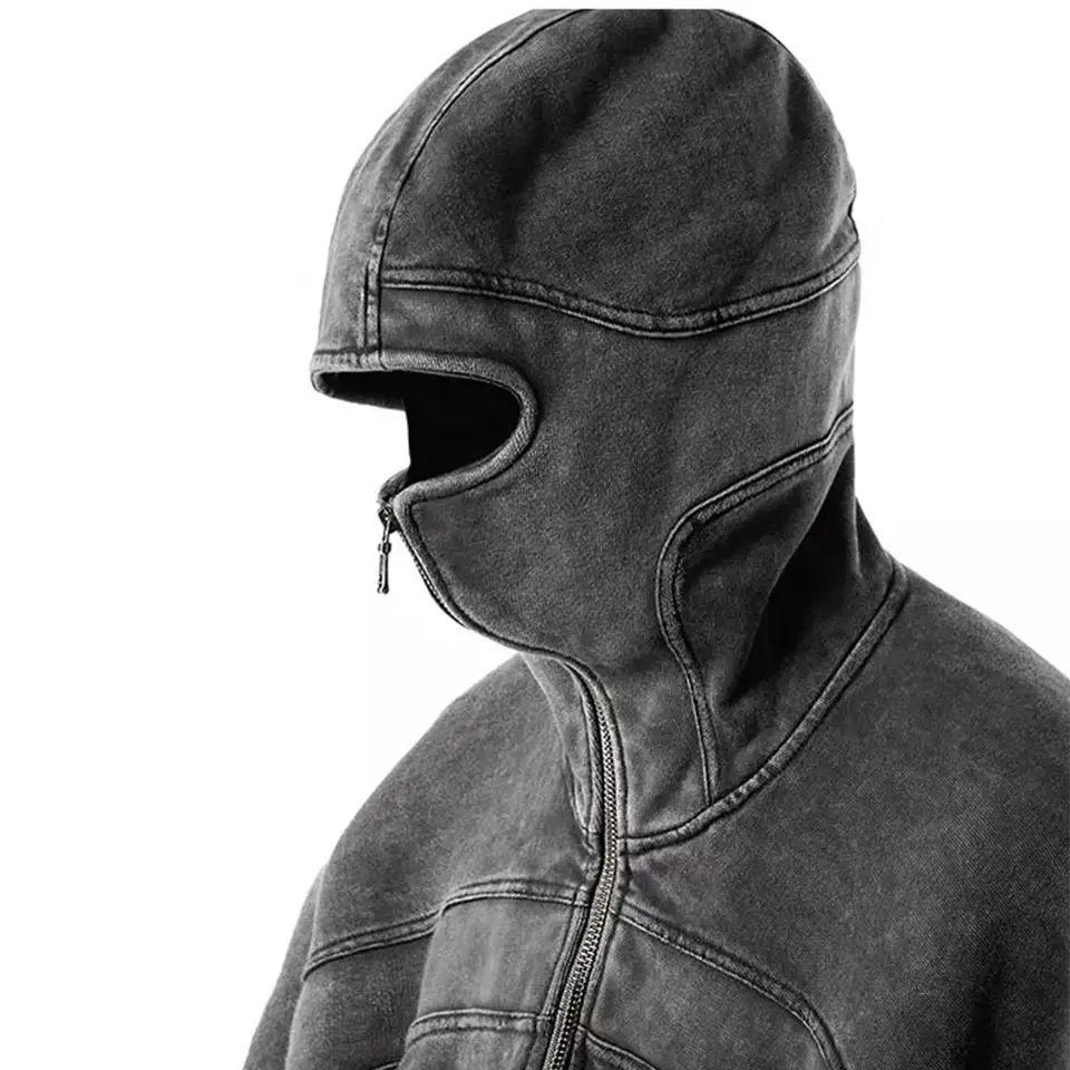 High Street Half Face Zip Up Ninja Hoodie Vintage Francês Terry Em