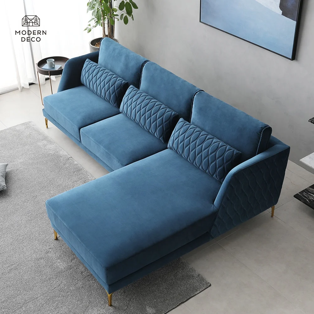 ハイテクキルティングブルーベルベット断面ソファソファL字型タイプ
