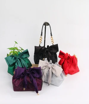 2024 New Trendy Color Satin Bow Drawstring Bucket Shape Purse Rhinestone Evening  Bag