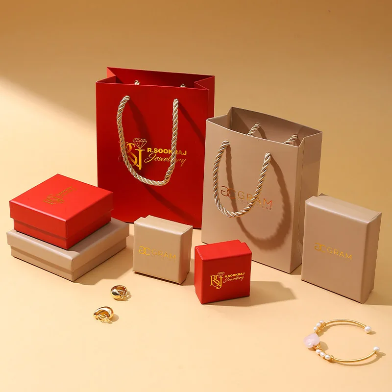 Wholesale  Red Lid Kraft Lid Jewelry Box Set Kraft Paper Bag Custom Logo Packaging for Ring Earring Necklace supplier