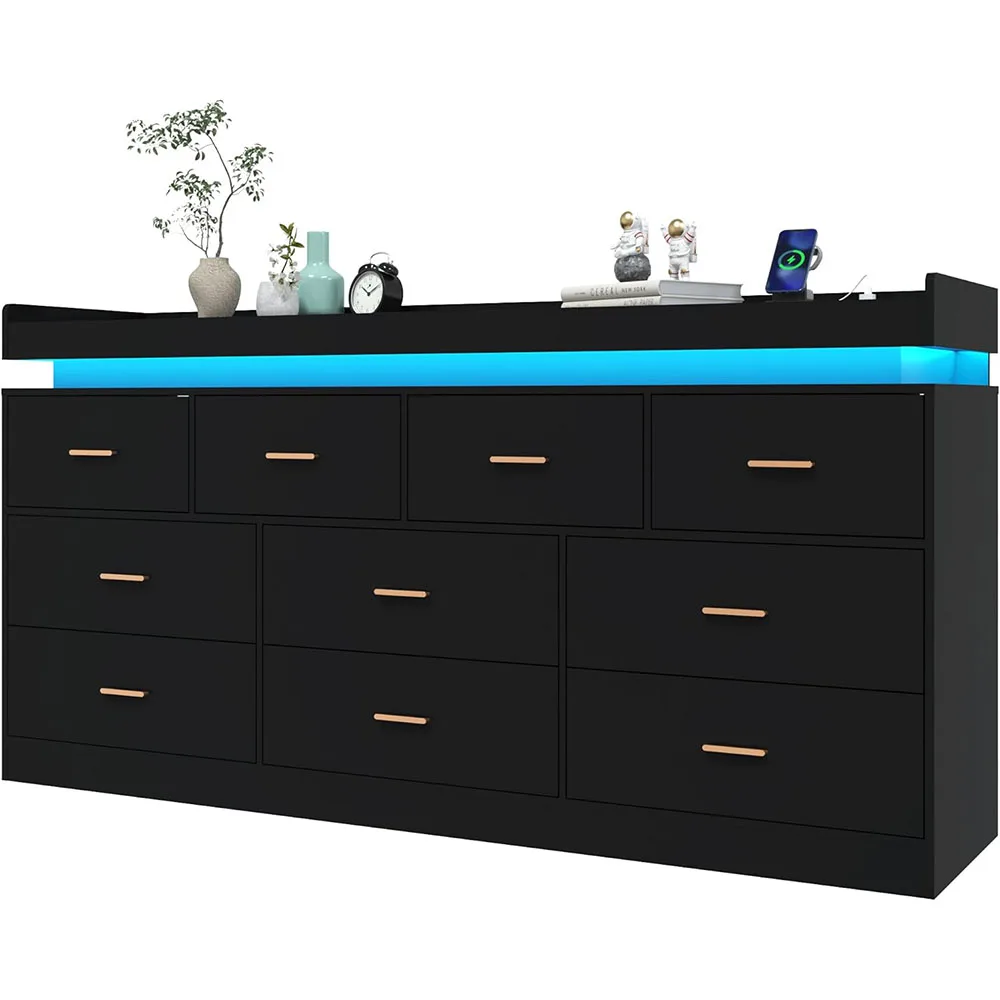 10 Drawer Wood Dresser LED Light Charging Station Modern Chest Drawers Closet Wide Drawer Organizer Cabinet Living Room Entryway