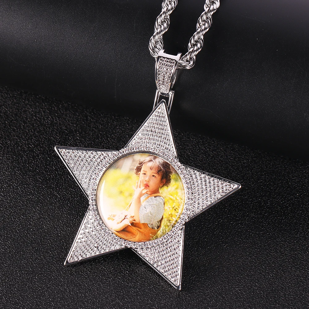 Personalised Hip Hop Photo Necklace Custom Picture Pentagram Necklace Memory Five-Pointed Star Pendant Zircon Necklace for Men Women 