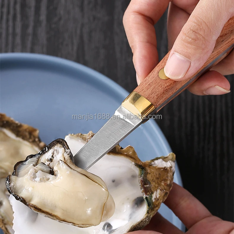 Manjia Custom Logo Premium Oysters Opener Wood Handle Stainless Steel Seafood Tool Paddy Oysters Shucker Open Shucking Knife