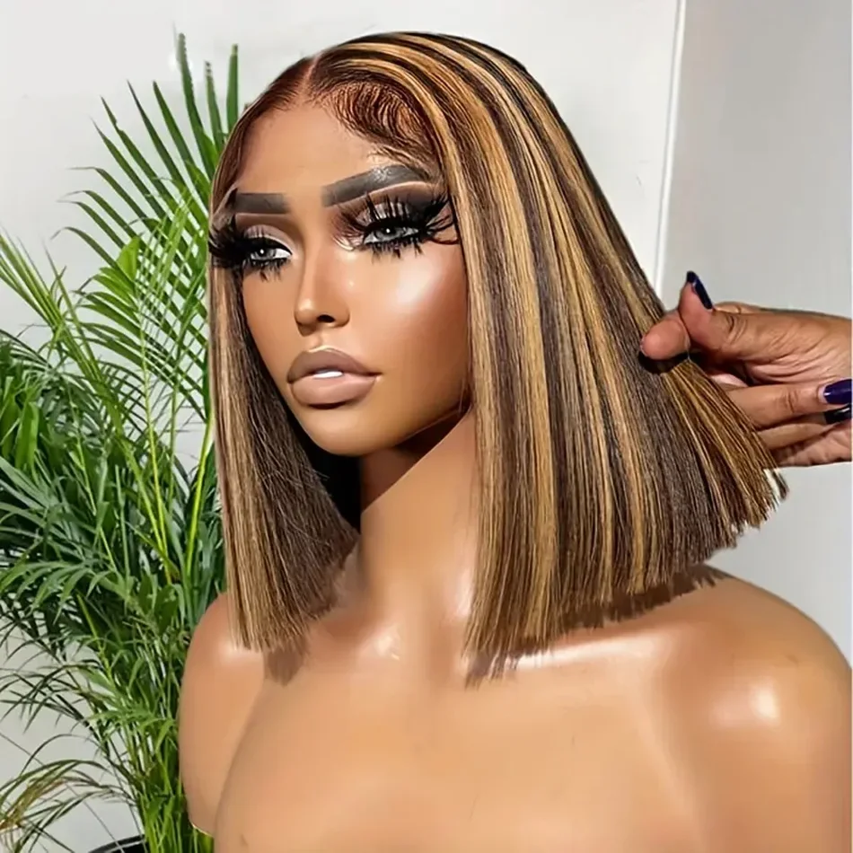 Kurze Bob-Perücken, peruanisches Remy-Menschenhaar, Highlight-Bob-Perücken, Frontal-Spitzenperücke für Frauen, täglich, 100 % Echthaar_voghion.com