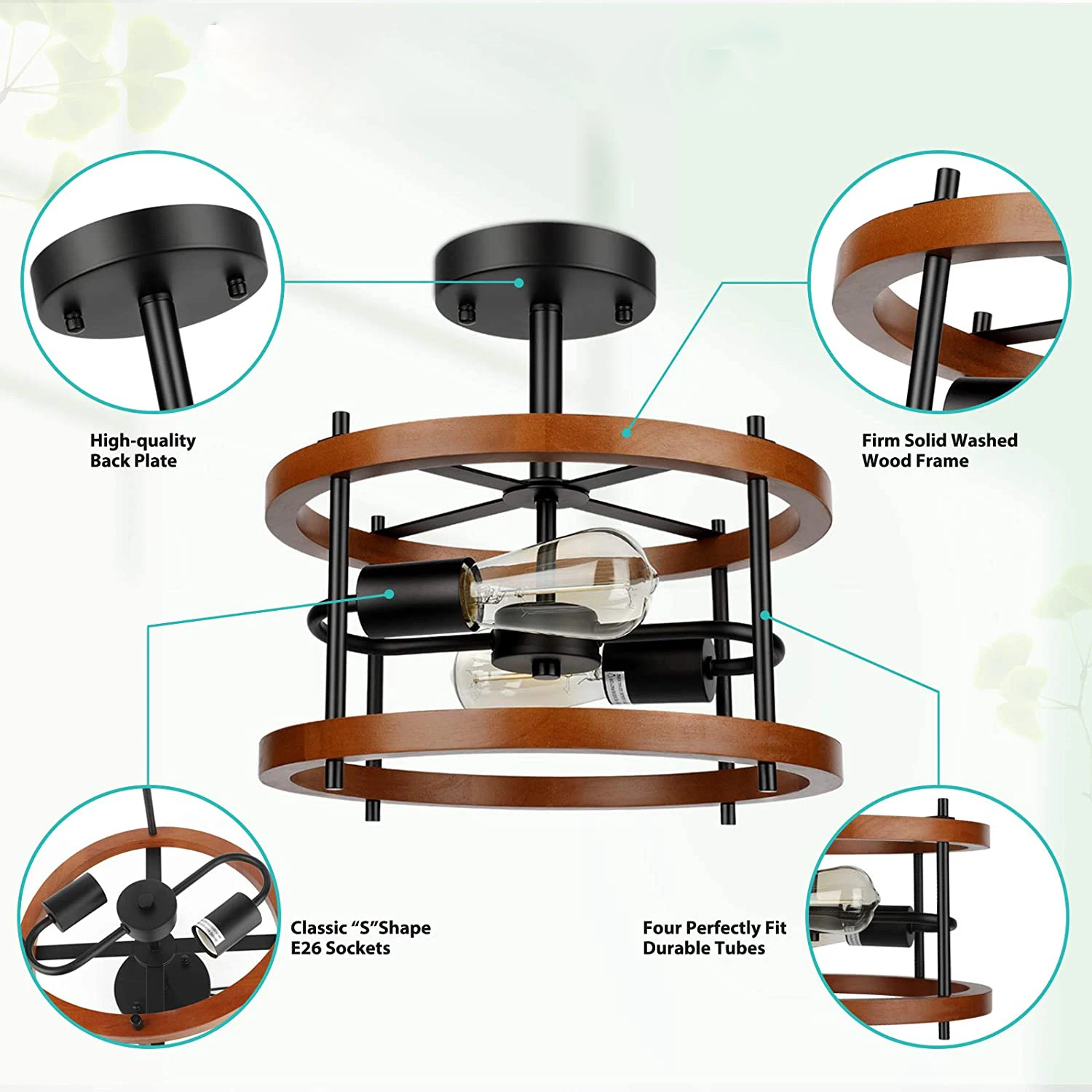 Retro Semi Flush Mount Ceiling Light Fixture Rustic Vintage Wood Ceiling Light Black Metal Industrial Farmhouse Ceiling Lamp