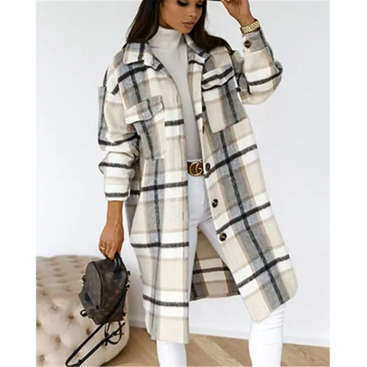 Chaqueta Casual Con Botones A Cuadros Y Solapa Para Mujer Chaqueta Casual Con Botones A Cuadros Y Solapa Para Mujer
