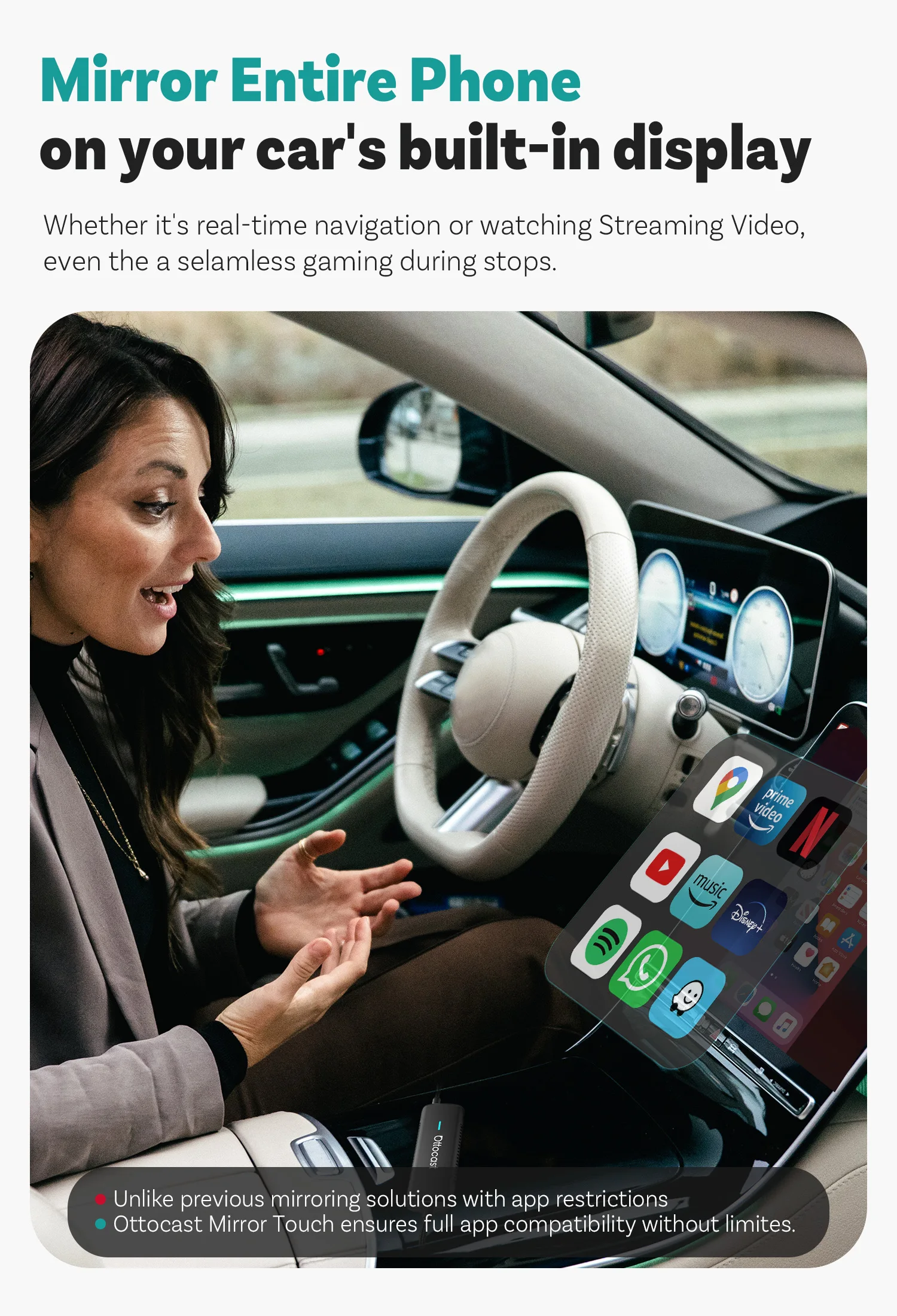 Ottocast Mirrortouch Car Adapter - Wireless Carplay Control