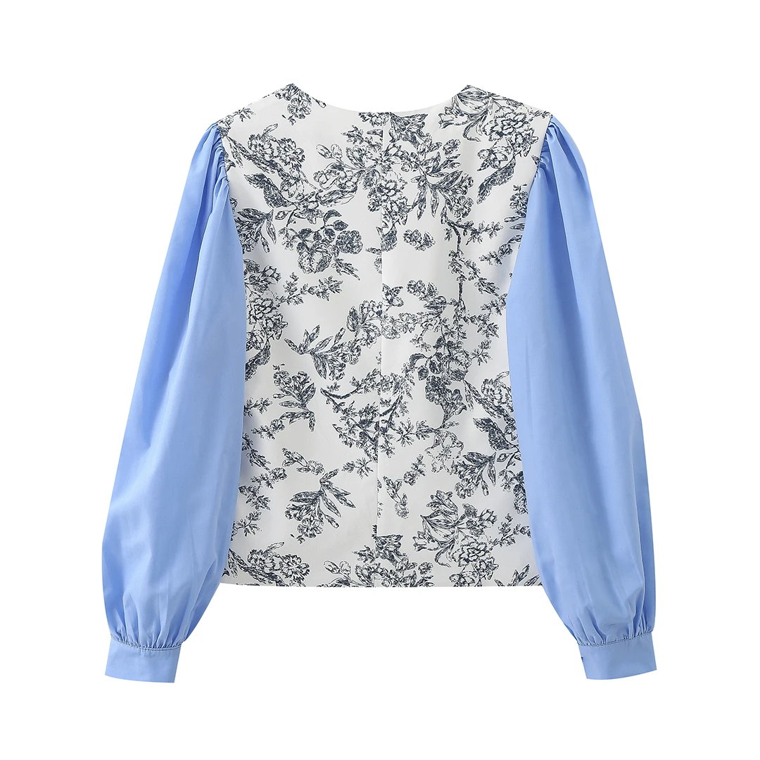 Women's Floral Long Sleeve Top - V Neck Patchwork Blouse For Fall Fashion