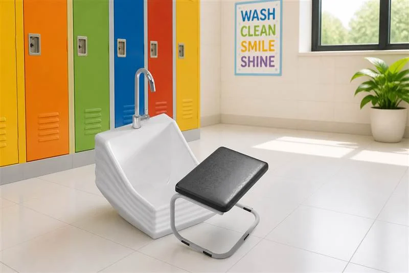 info-1-1 Low white ceramic wudu basin with stool in a bright school washroom