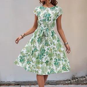 Women's Casual Midi Dress Short-Sleeved V-Neck Floral Print Chiffon Breathable Corset Belt Woven Digital Printing Natural