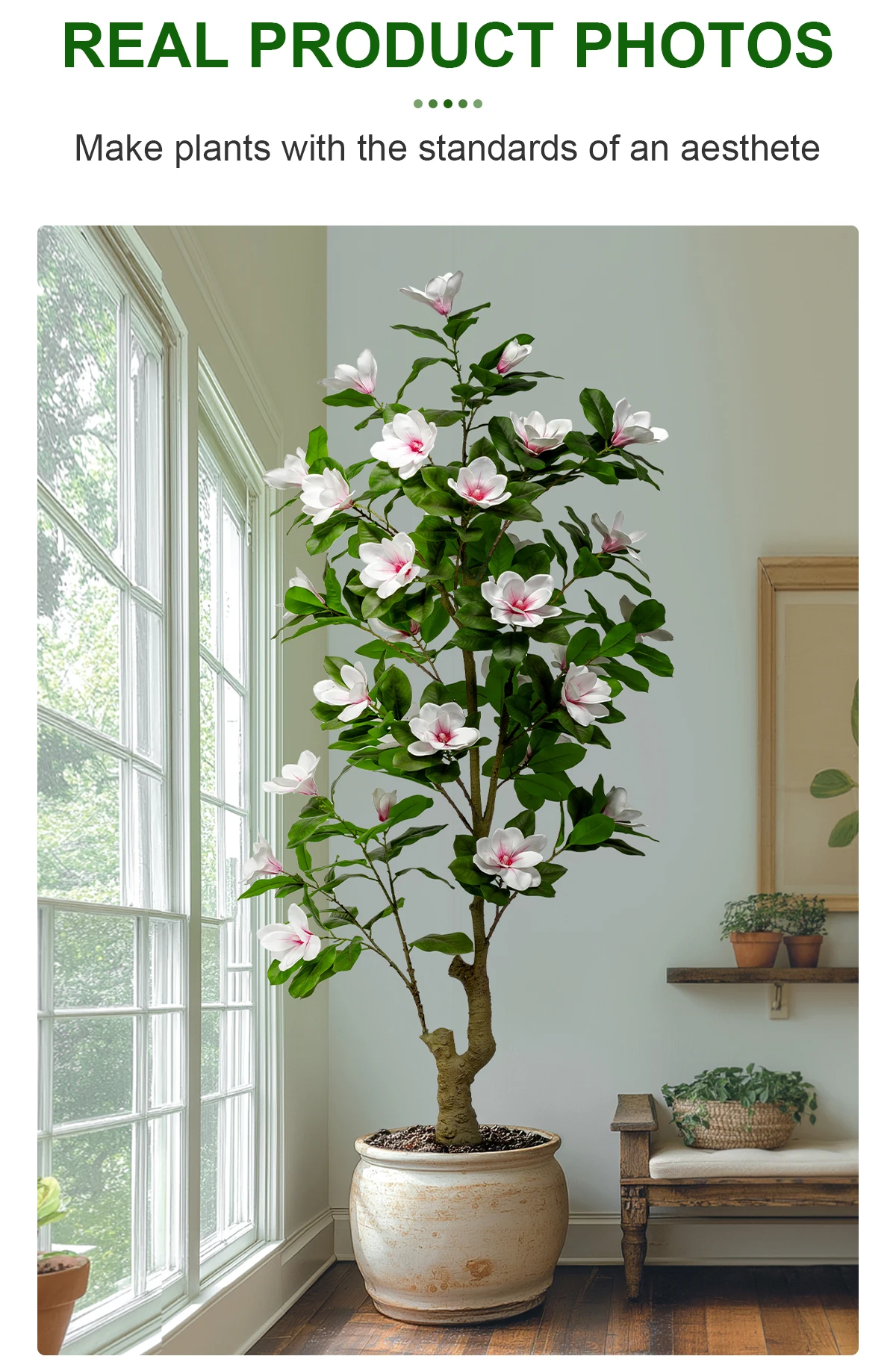 Realistic PE Artificial Magnolia Camellia Bonsai Tree Plastic Flower Indoor/Outdoor Wedding Birthday Party Landscaping details