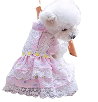 Summer Princess Pet Dress with Thin Lace Edge Star Pattern Small Flower Design for Pet Clothes