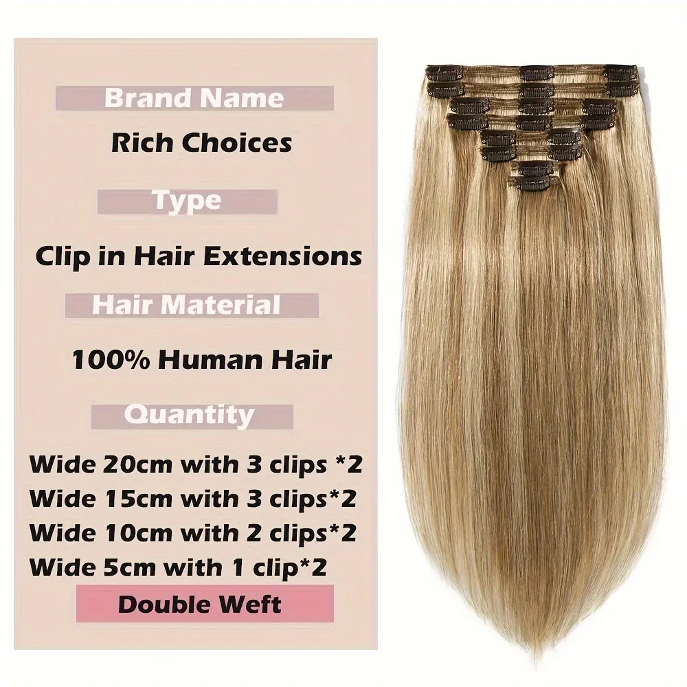 Lot de 8 extensions de cheveux humains Remy doubles raides, brun clair, mélange de blond, tête complète, épaisses, douces et raides_voghion.com