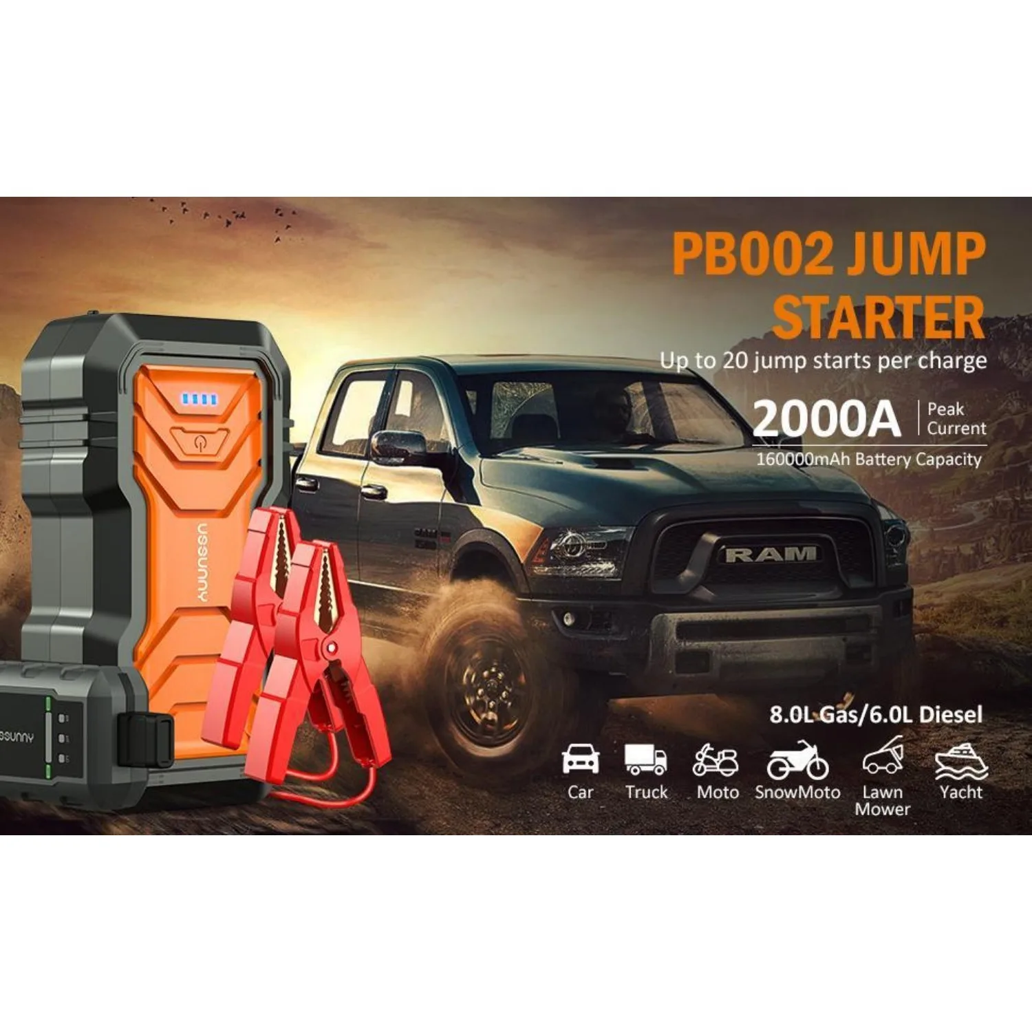 9000mah Jump Starter - 2000A Smart Car Battery Booster Pack with UltraSafe Lithium Battery, Portable Jump Box with LED Light/USB
