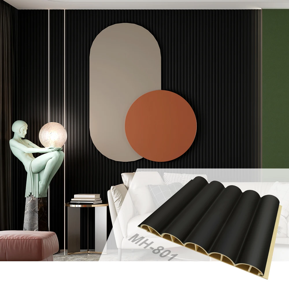 Ren svartgrå färg modern design bågformad dekorativ WPC PVC-panel för inomhusväggdekoration