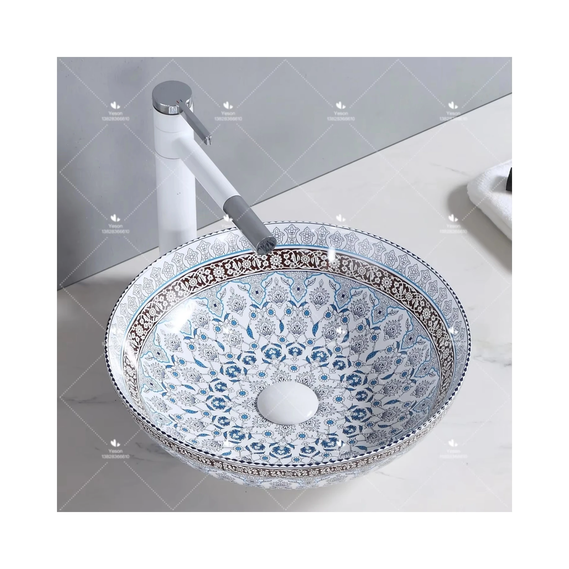 Full Flower Pattern Round Shape Porcelain Countertop Hand Wash Basin Ceramic Table Top Lavabo Art Sink for Bathroom